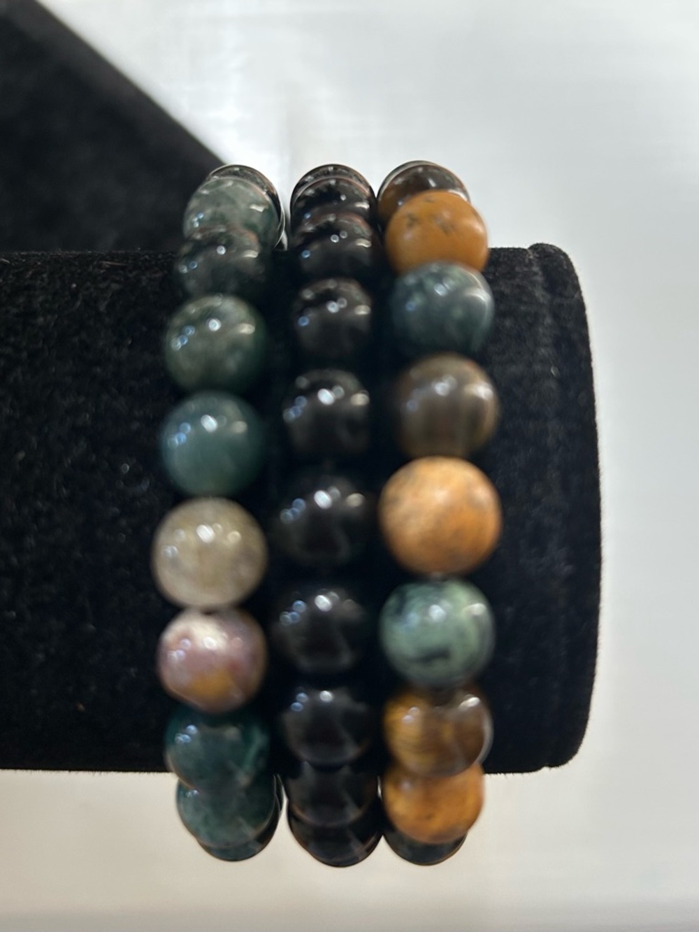 Beaded Stretch Bracelet Trio in Green, Black, and Brown